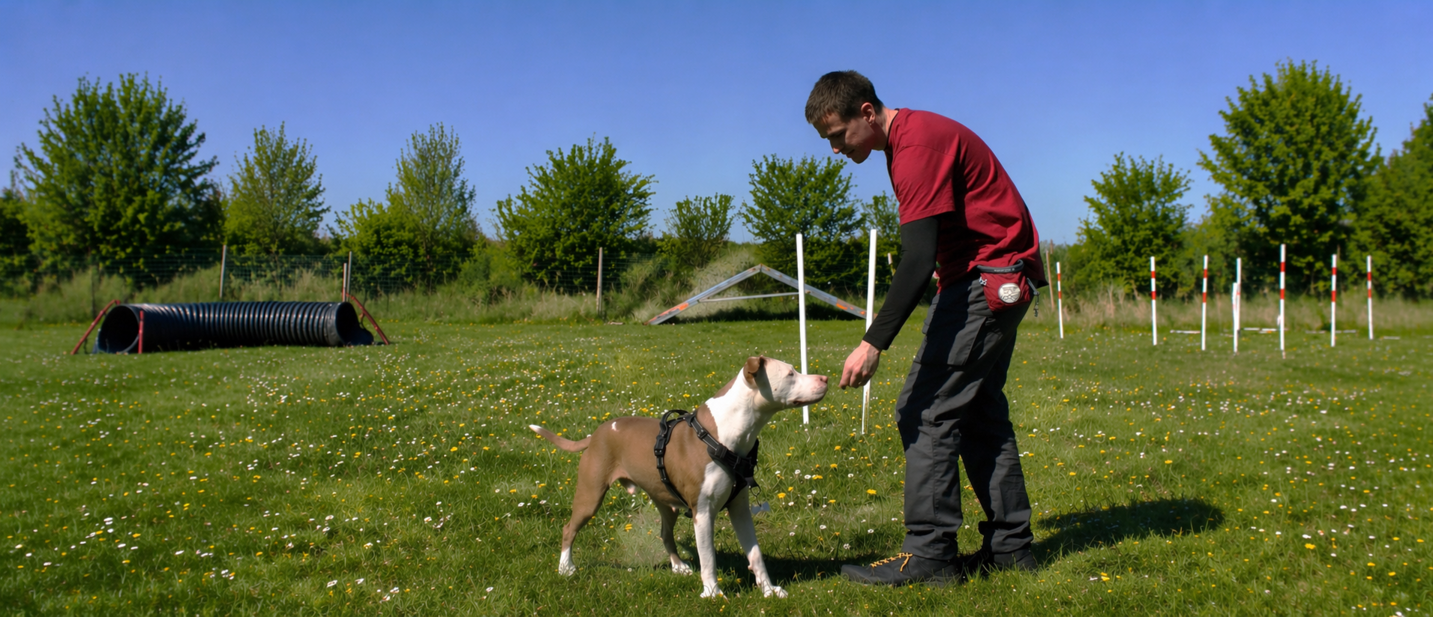 Éducateur canin à Angers en séance d'éducation canine avec un chien sur un terrain d'entraînement, apprentissage du rappel et à l'obéissance grâce au renforcement positif.
